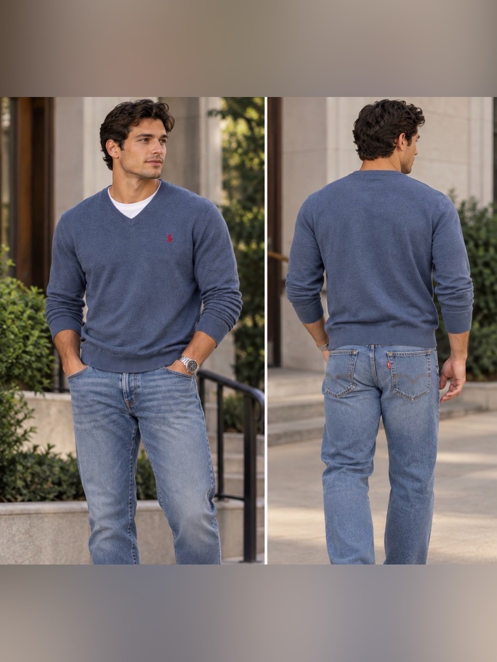 Polo Ralph Lauren Men's V-Neck Sweater in Grayish Blue with Red Pony